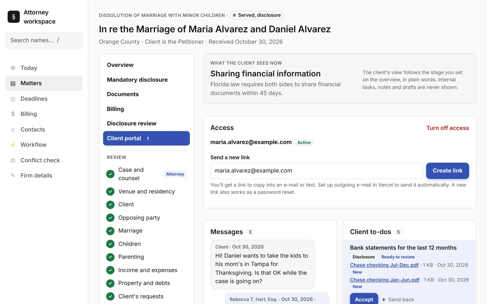 The firm's view of a client's portal, with access, messages and client to-dos