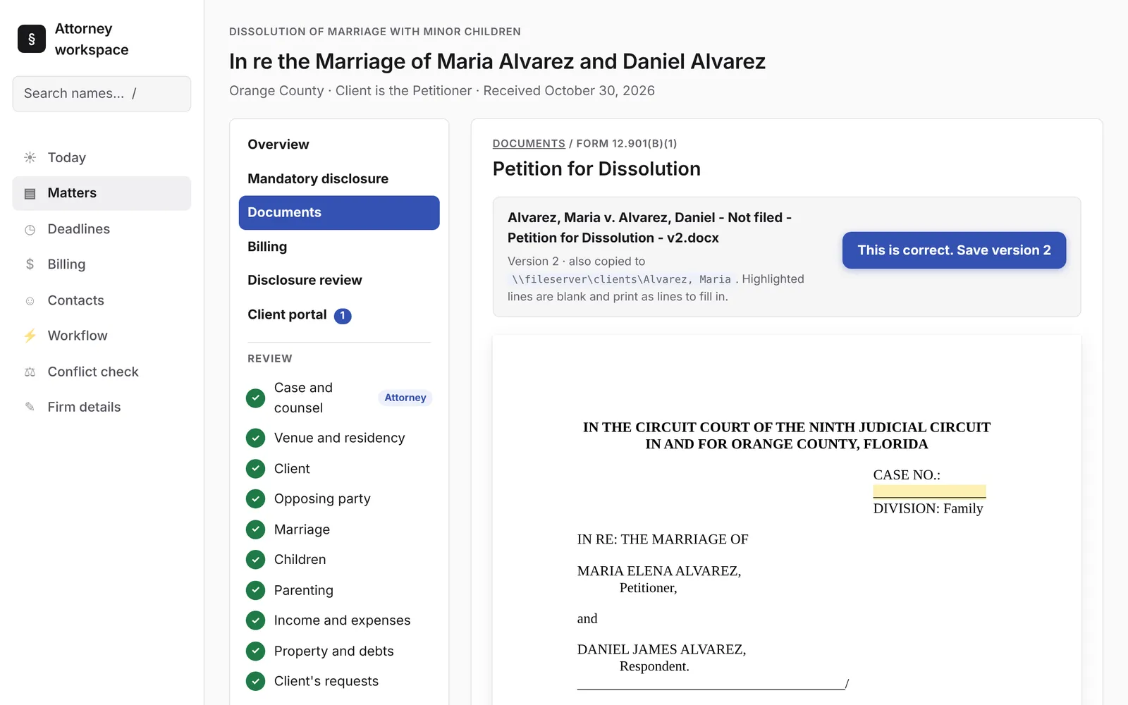 On-screen preview of a generated petition for fictional parties